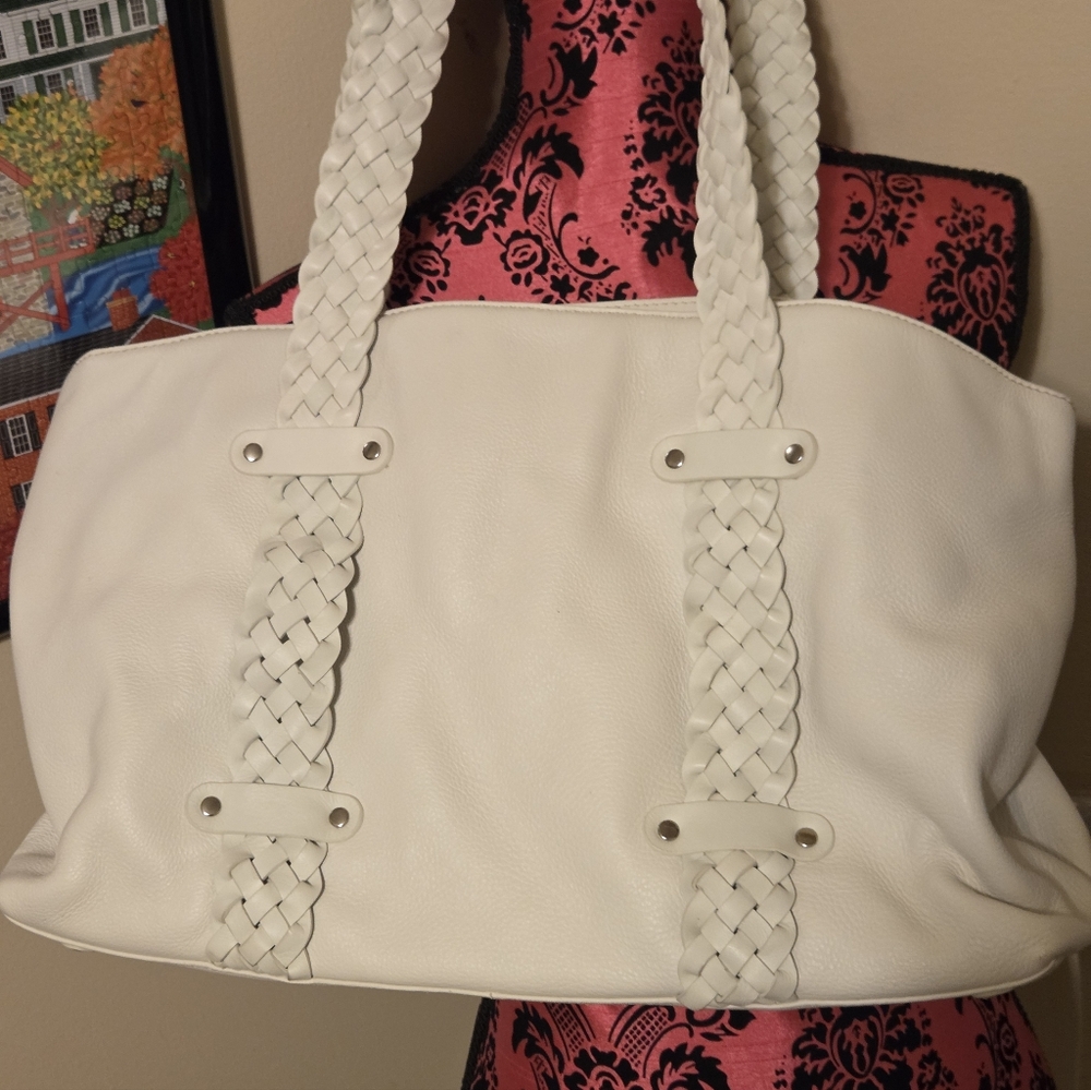 Donald J Pliner Textured Leather White Braided Handle Women's Bag & Dustbag NWOT
